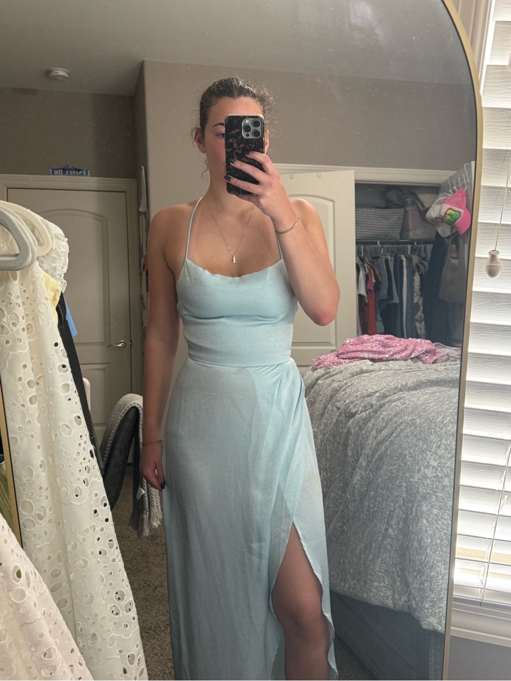 Lucy in the Sky Light Blue Backless Spaghetti-Strap Maxi Dress
